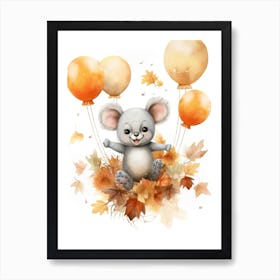 Koala Flying With Autumn Fall Pumpkins And Balloons Watercolour Nursery 1 Art Print