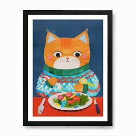 Cute Orange Eating Salad Folk Illustration 1 Poster