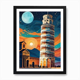 Moon Over Pisa ~ Italy Travel Adventure Visionary Wall Decor Futuristic Sci-Fi Trippy Surrealism Modern Digital Psychedelic Cubic Fantasy Art Full Moons Stars Mandala Spiritual Fractals Space Blue Vibrant Art Print