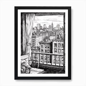 A Window View Of New York In The Style Of Black And White  Line Art 3 Art Print