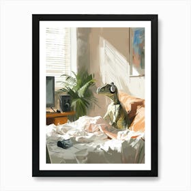 Dinosaur Listening To Music With Headphones In Bed 2 Art Print