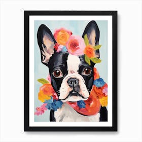 Boston Terrier Portrait With A Flower Crown, Matisse Painting Style 3 Art Print