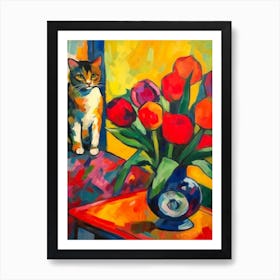 Tulips With A Cat 3 Fauvist Style Painting Art Print