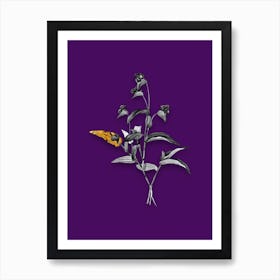Vintage Blue Spiderwort Black and White Gold Leaf Floral Art on Deep Violet n.0230 Art Print