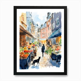 Food Market With Cats In Stockholm 4 Watercolour Art Print