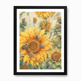 Sunflower Bee Beehive Watercolour Illustration 3 Art Print