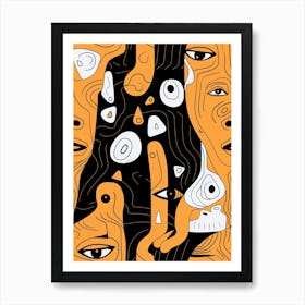 Black & Mustard Abstract Face Line Illustration Art Print