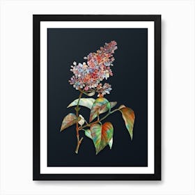 Vintage Common Pink Lilac Plant Botanical Watercolor Illustration on Dark Teal Blue n.0929 Art Print