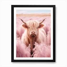 Highland Cow In Field With Long Pink Grass 1 Art Print