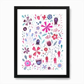 Contemporary Watercolor Flowers in Pink and Teal on White Art Print