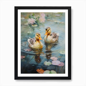 Ducklings In The River Floral Painting 3 Art Print