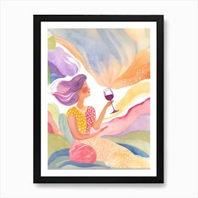 Watercolor Of A Woman Drinking Wine Art Print