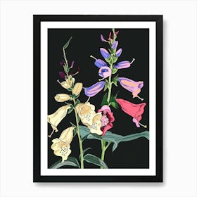 Neon Flowers On Black Foxglove 3 Art Print