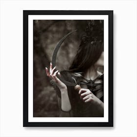 Witch With Sickle Under The Full Moon in the Woods - Vintage Style Photography Woods Witch - Moon Goddess Dark Aesthetic Gothic Witchy Gallery Wall Decor - Forest Witch, Woods Witch Morrigan Calling Hecate Worship Art Print