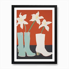 A Painting Of Cowboy Boots With White Flowers, Pop Art Style 14 Art Print