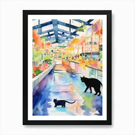 Food Market With Cats In Kyoto 3 Watercolour Art Print