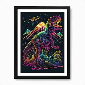 Neon Dinosaur With Volcano 2 Art Print