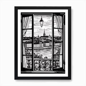 Window View Of Stockholm Sweden   Black And White Colouring Pages Line Art 4 Art Print