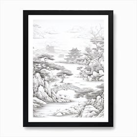 Okinawa Islands In Okinawa, Ukiyo E Black And White Line Art Drawing 2 Art Print