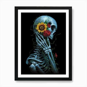 Skeleton With Sunflowers Art Print