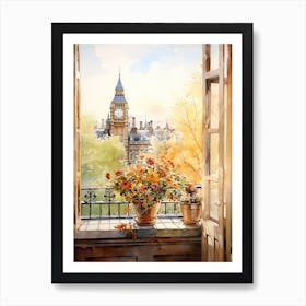 Window View Of London United Kingdom In Autumn Fall, Watercolour 4 Art Print