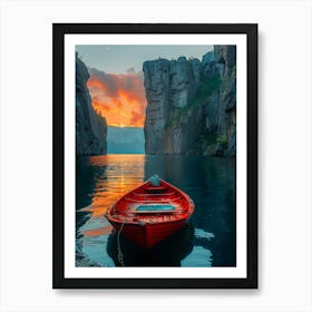 Red Boat At Sunset Art Print