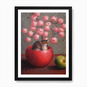 Apple Blossom With A Cat 3 Pointillism Style Art Print