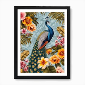 Peacock With Tropical Flowers Wallpaper Art Print