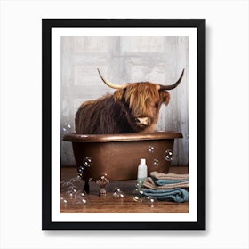Highland Cow In A Bathtub Art Print