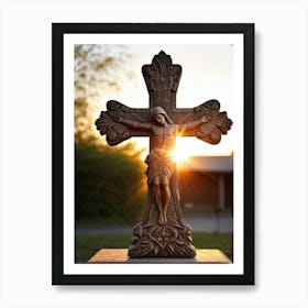 An Intricately Carved Wooden Cross Representing Faith Its Silhouette Beautifully Etched Against Thi Art Print