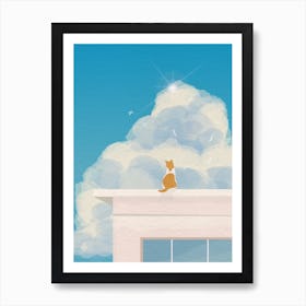 Minimal art Japanese Cat On A Roof Art Print