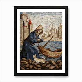 Mosaic Medieval Sailor & A Cat Art Print