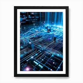 Abstract Cyber Security Theme With Geometric Dots And Lines Forming A Network Like Grid Blue And N (2) Art Print