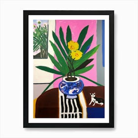 A Painting Of A Still Life Of A Iris With A Cat In The Style Of Matisse  1 Art Print