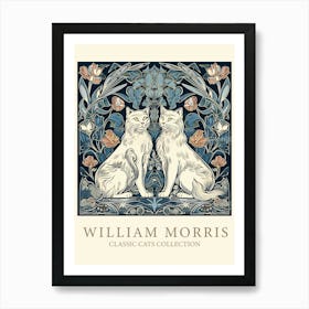 William Morris Inspired   Classic Cats White Cats Teal Blue Art Print