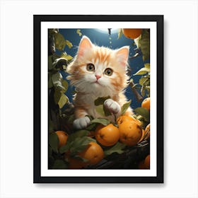 A little kitten climbs up a tree with oranges. 1 Art Print