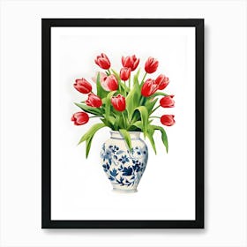 Tulips Tulip Red Bouquet Blue White Vase Floral Art Print