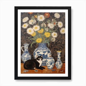 Daisies With A Cat 2 William Morris Style Art Print