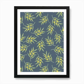 Scattered Olive Branches - Green Olives on Slate Blue Art Print