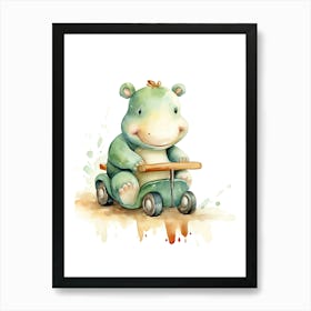 Baby Hippopotamus On Toy Car, Watercolour Nursery 1 Art Print