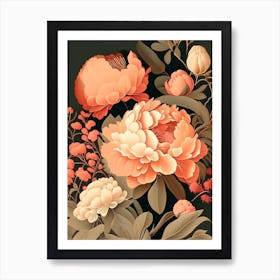 Coral Charm Peonies Vintage Sketch Art Print