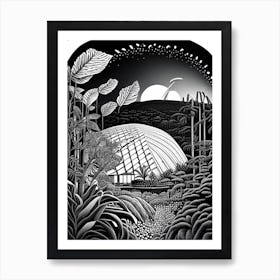 Eden Project, United Kingdom Linocut Black And White Vintage Art Print