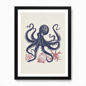 Blue Red Linocut Octopus With Shells 1 Art Print