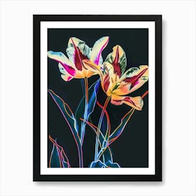 Neon Flowers On Black Tulip 1 Art Print