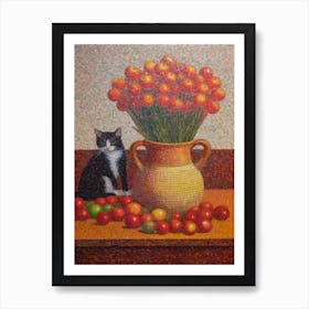 Aster With A Cat 3 Pointillism Style Art Print