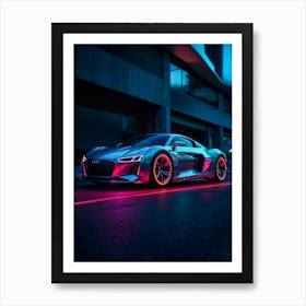 Audi R8 supercar in neon, speeding through the night. A fast, futuristic cyberpunk car with V10 power and synthwave vibes. Art Print