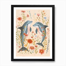 Folksy Floral Animal Drawing Dolphin 3 Art Print