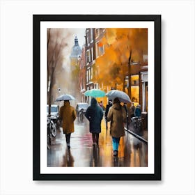 Amsterdam cafes, autumn season, rain, autumn oil colours.Faded colours,People passing on the street, winter clothes, rain umbrellas.5 1 Art Print