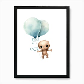 Baby Octopus Flying With Ballons, Watercolour Nursery Art 3 Art Print