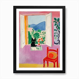 Open Window Painting With A Black Cat Art Print